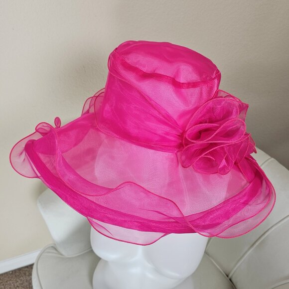 Hot Pink Organza Kentucky Derby Hat Church Wedding Fascinator - Picture 3 of 4